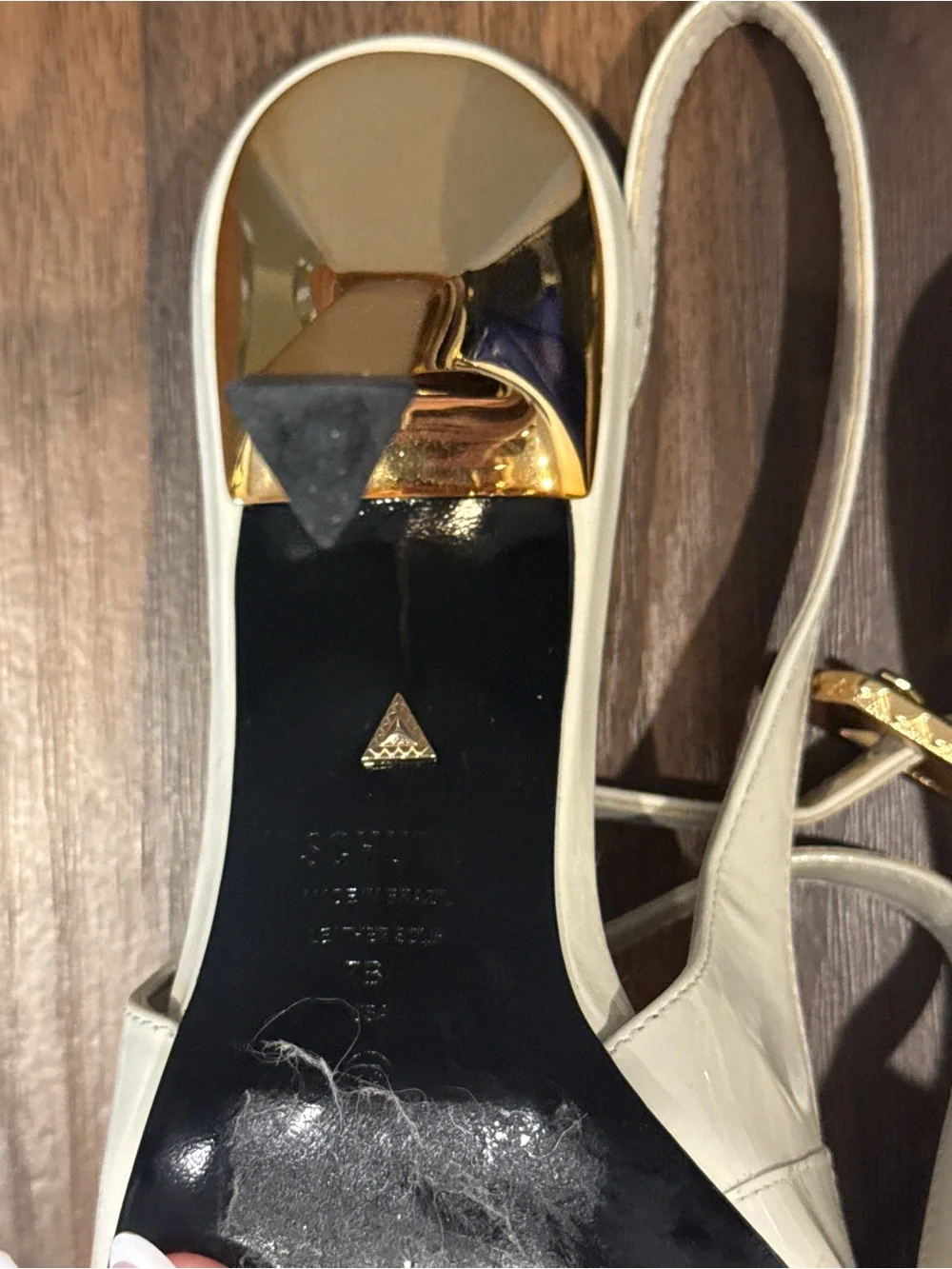 SCHUTZ Cream Pointed Slingback Heels with Gold Buckle & Gold Heel